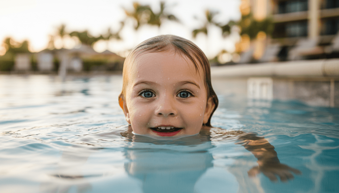 Young child with water droplets on face, excited expression