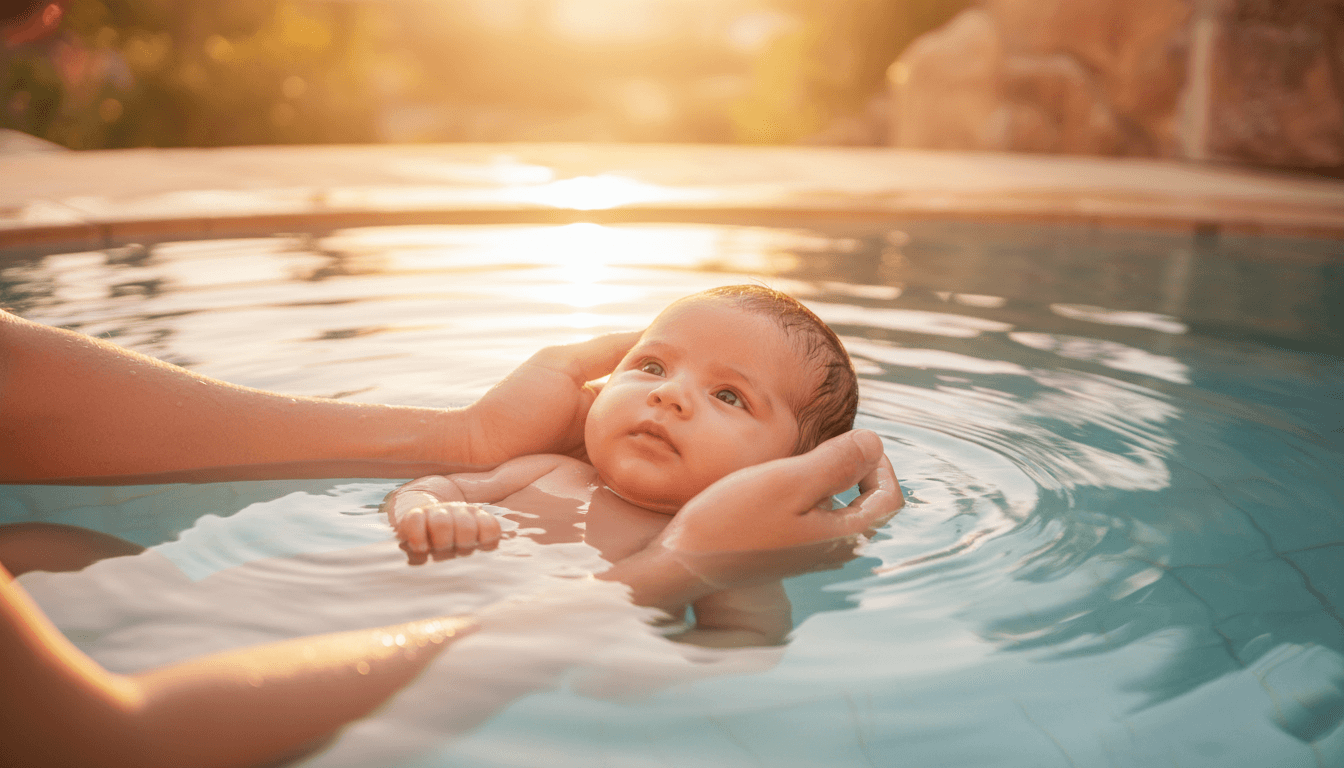 Parent's hands supporting an infant in the water, baby calm