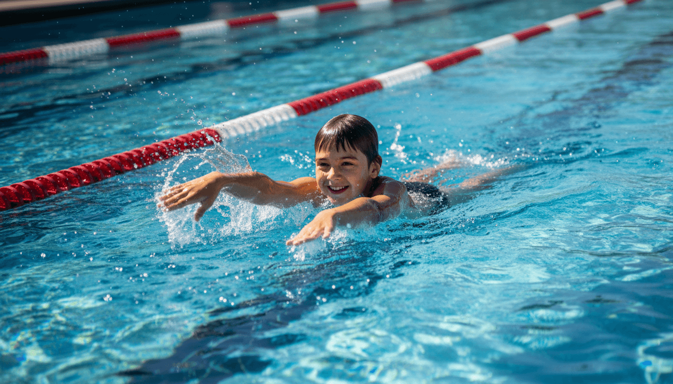 Child swimming mid-stroke with water splashing