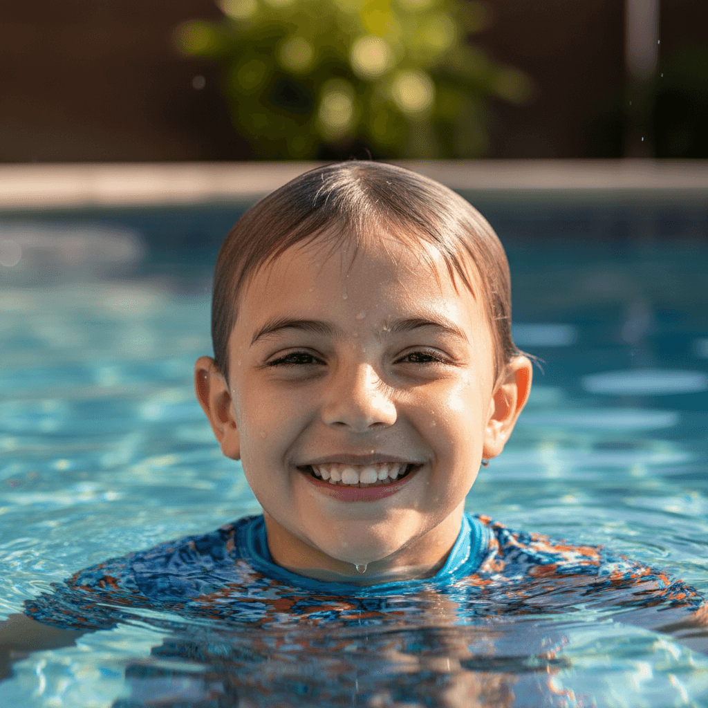 Young swimmer smiling with pride after accomplishing a skill