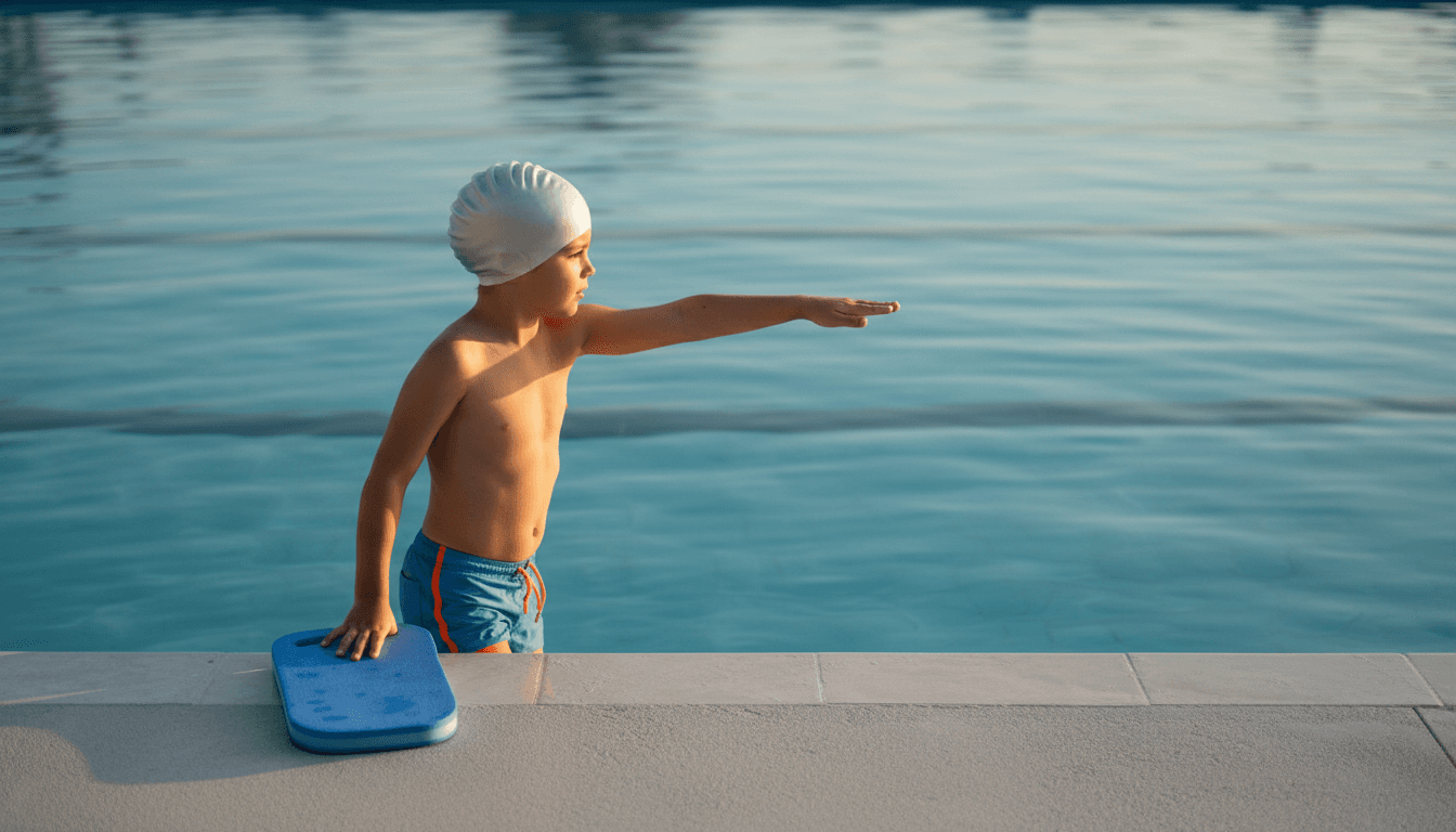 Child holding kickboard at pool edge, practicing arm motion