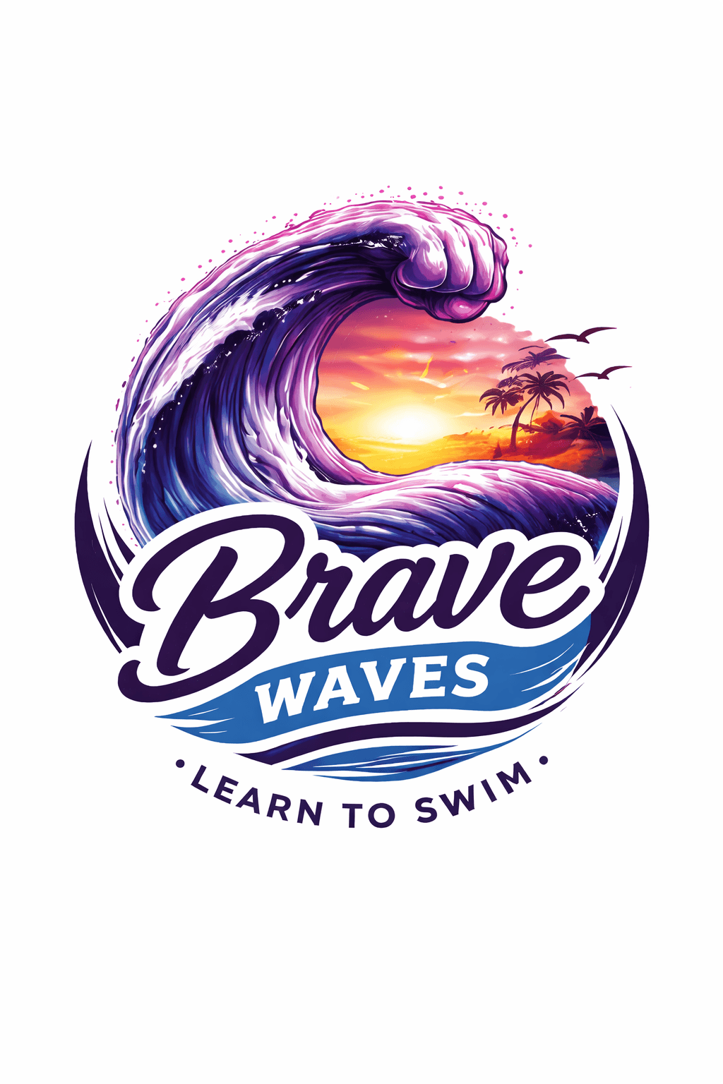 Brave Waves Learn to Swim logo featuring a purple wave curling over a tropical sunset.