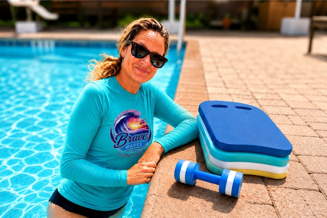 Woman in turquoise rash guard leans on pool edge with stacked kickboards and water dumbbell.