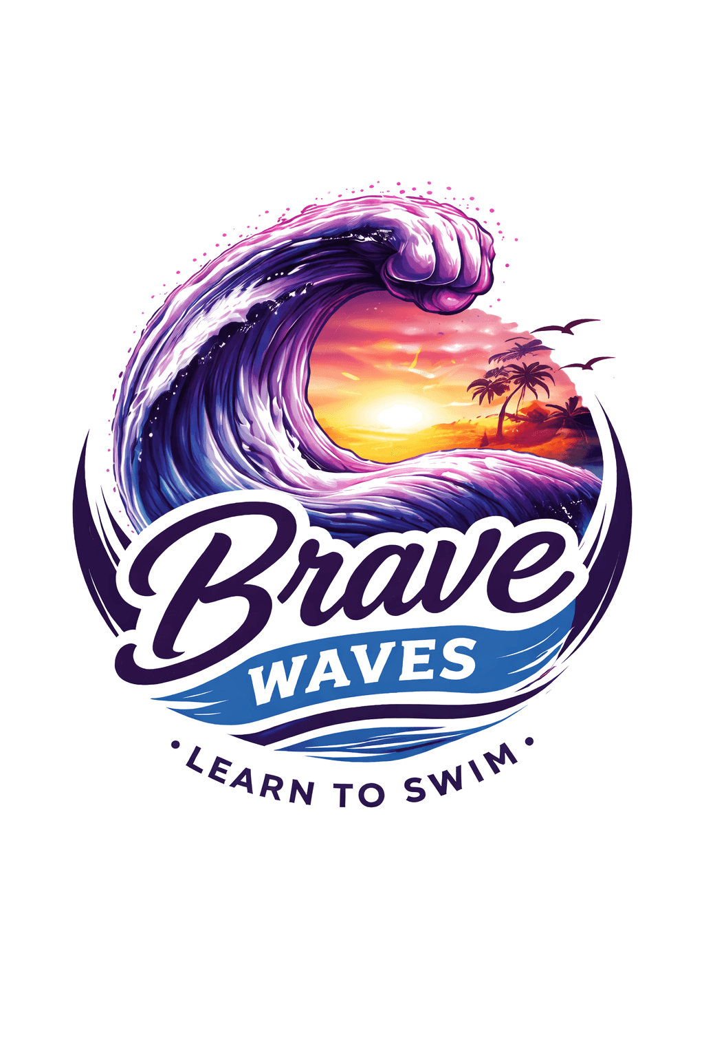 Brave Waves Learn to Swim logo featuring a purple fist-shaped wave and tropical sunset.